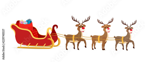 Vector cartoon sleigh, reindeers, sled of Santa Claus.