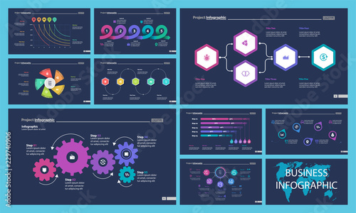 Set of production or logistics concept infographic charts. Business diagrams for presentation slide templates. For corporate report, advertising, banner and brochure design.
