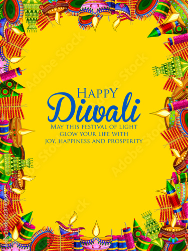 Colorful fire cracker on Happy Diwali background for light festival of India