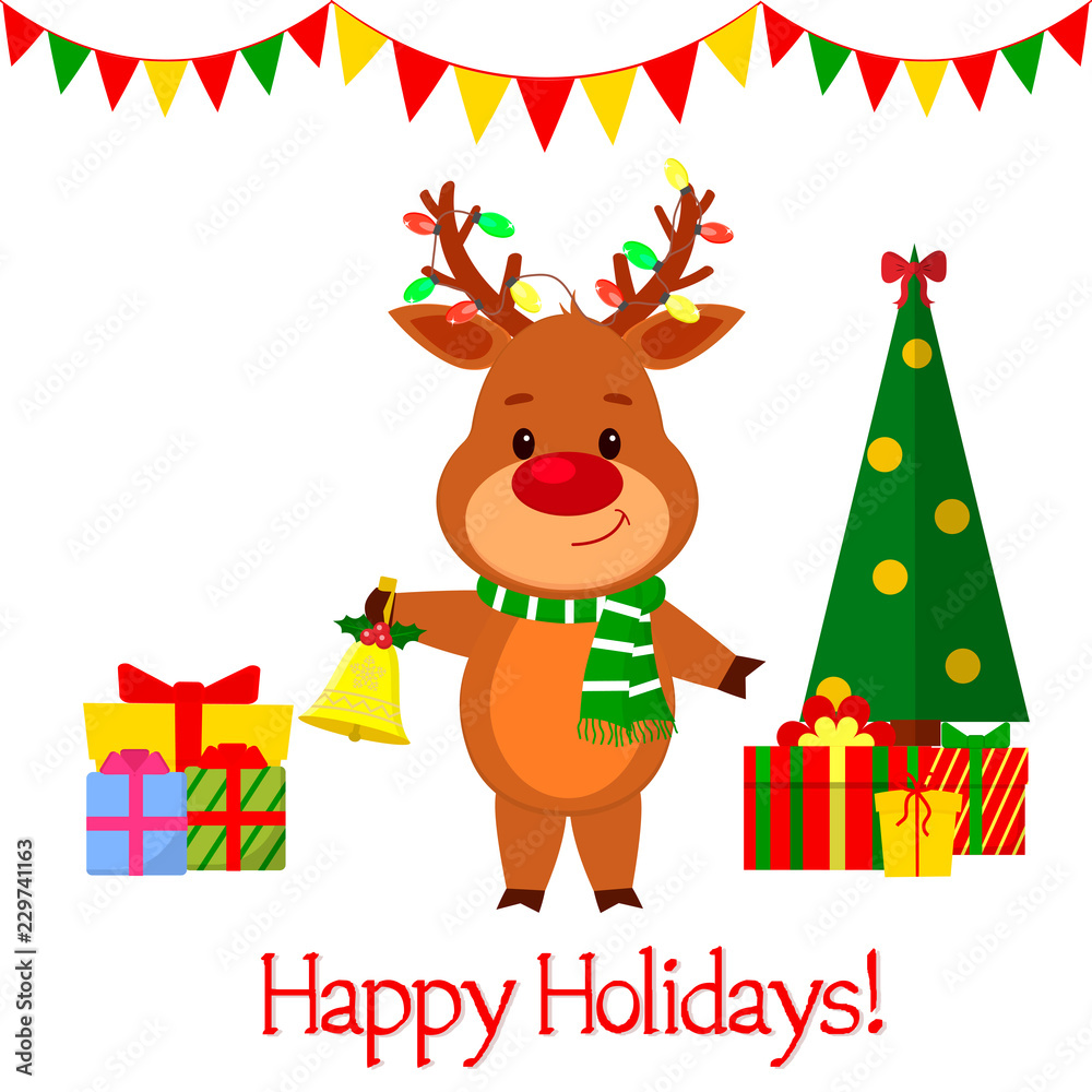 Happy New Year and Merry Christmas Greeting Card. A cute deer in a santa costume is holding a gift. Christmas tree and boxes with gifts. Cartoon style. Vector Happy New Year and Merry Christmas Greeting Card. A cute deer in a santa costume is holding a gift. Christmas tree and boxes with gifts. Cartoon style. Vector