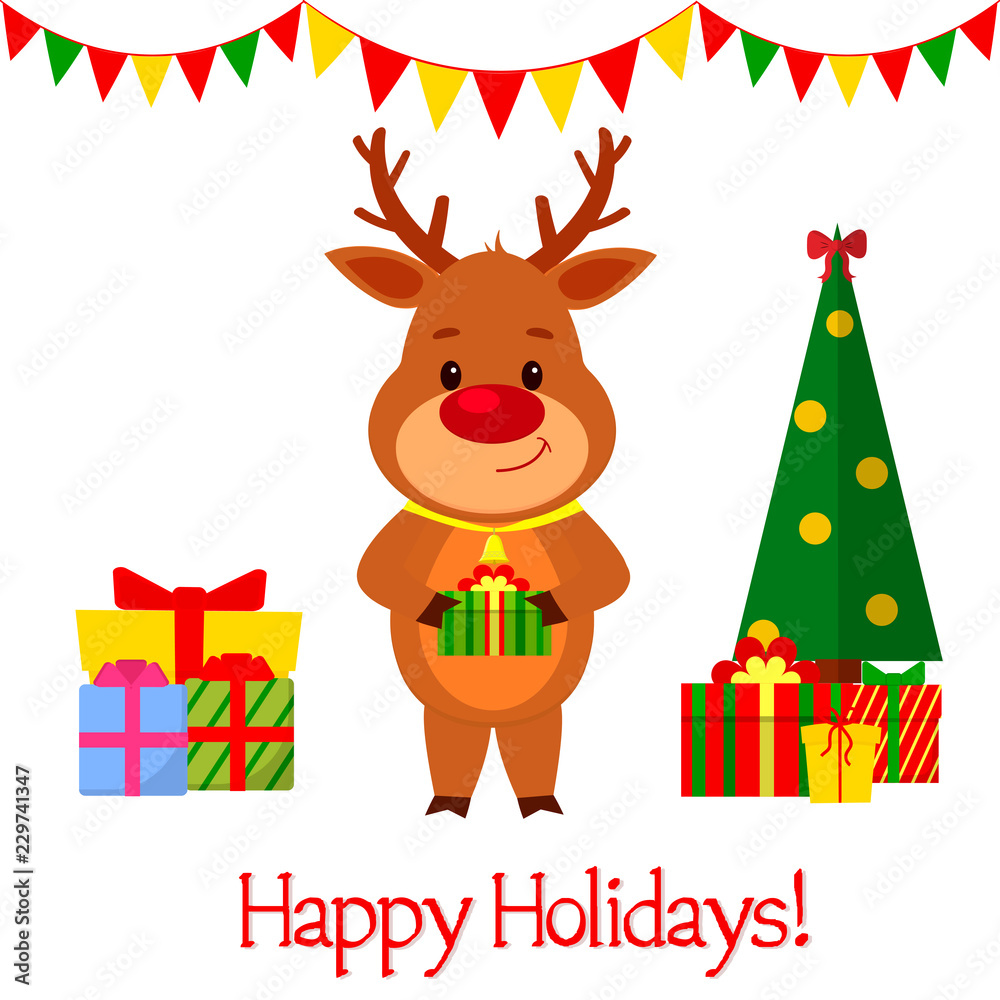 Happy New Year and Merry Christmas Greeting Card. Cute deer holding a box with a gift. Christmas tree and boxes with gifts. Cartoon style. Vector