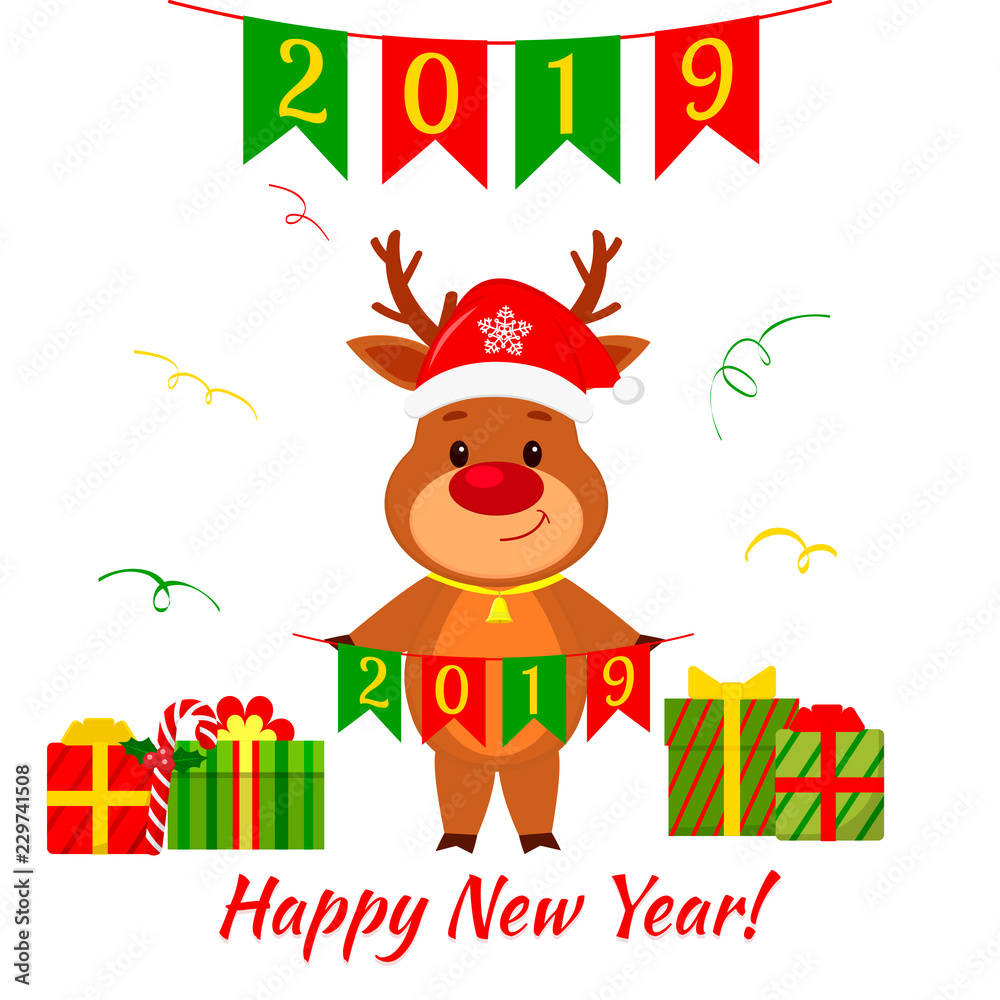 Fototapeta premium Happy New Year and Merry Christmas greeting card. A cute deer in a Santa hat and a bell holding flags 2019. Boxes with gifts. Cartoon style. Vector