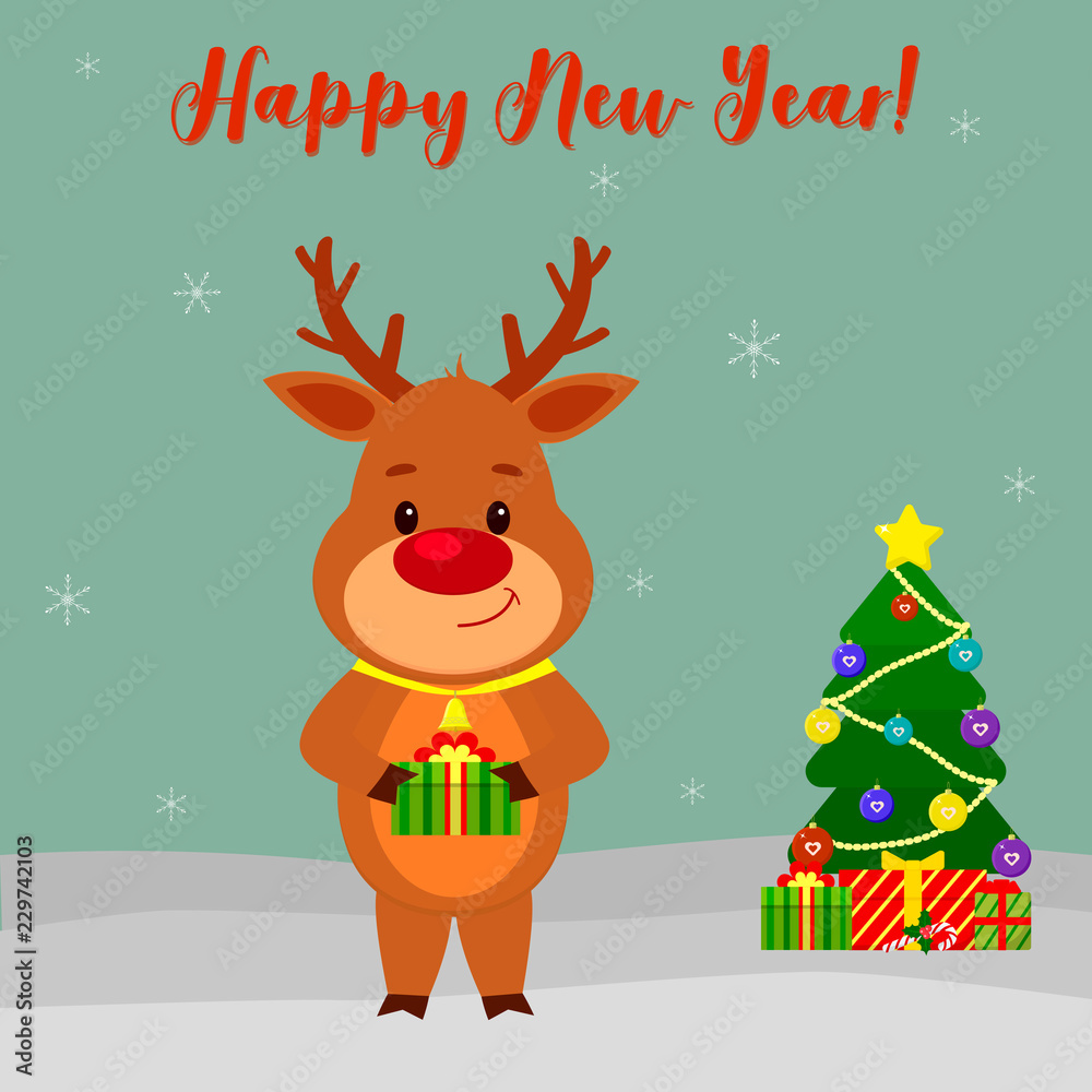 Happy New Year and Merry Christmas Greeting Card. Cute deer with a bell around his neck holds a gift. Christmas tree, winter and snowflakes. Cartoon style. Vector
