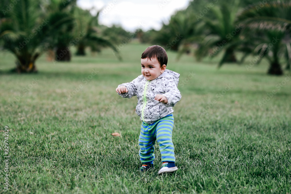 first steps of cute baby boy on footpath among greens first steps of cute baby boy on footpath among greens