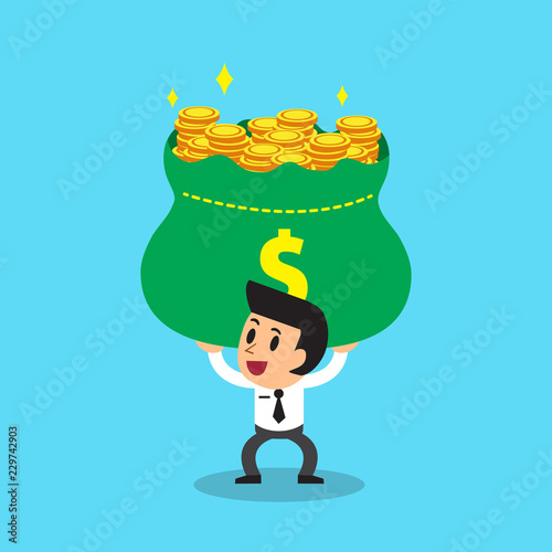 Vector cartoon businessman carrying big money bag for design.