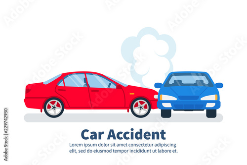 Car accident concept. Transport incident, cartoon style. Vector illustration flat design. Isolated on white background. Two vehicle collided on the road. Crash car. Violation of driving safety rules.