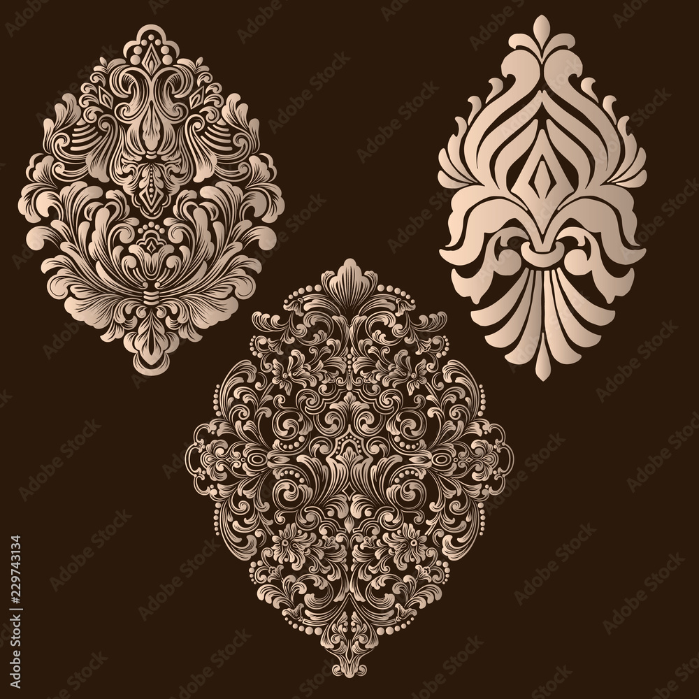 Vector set of damask ornamental elements. Elegant floral abstract elements for design. Perfect for invitations, cards etc. Vector set of damask ornamental elements. Elegant floral abstract elements for design. Perfect for invitations, cards etc.