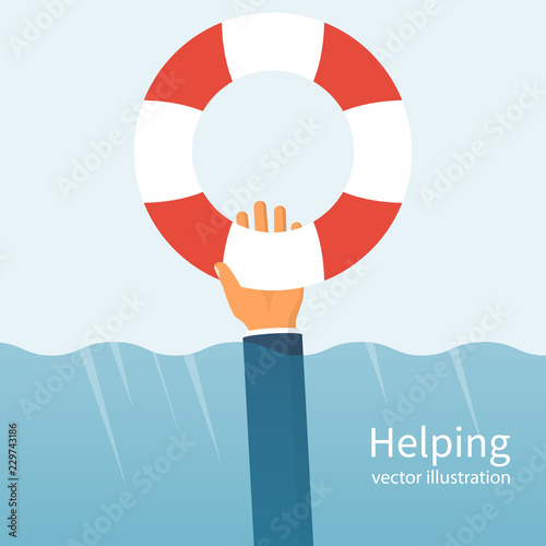 Helping concept. Lifebuoy holding in hand. Vector illustration flat design. Charity support. Hope symbol. Businessman with a life buoy in water. Give help man, metaphor. Isolated on white background. 