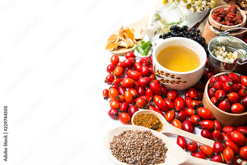 Medicinal plants and herbs composition: Dog rose, bunch branch Rosehips, types Rosa canina hips, essential oil. bunch, dried flowers of linden and chamomile elderberries and goji berries. Medicinal plants and herbs composition: Dog rose, bunch branch Rosehips, types Rosa canina hips, essential oil. bunch, dried flowers of linden and chamomile elderberries and goji berries.