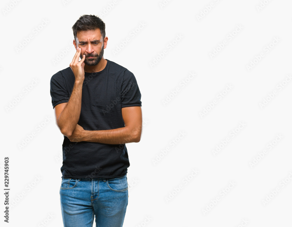 Adult hispanic man over isolated background thinking looking tired and bored with depression problems with crossed arms. Adult hispanic man over isolated background thinking looking tired and bored with depression problems with crossed arms.