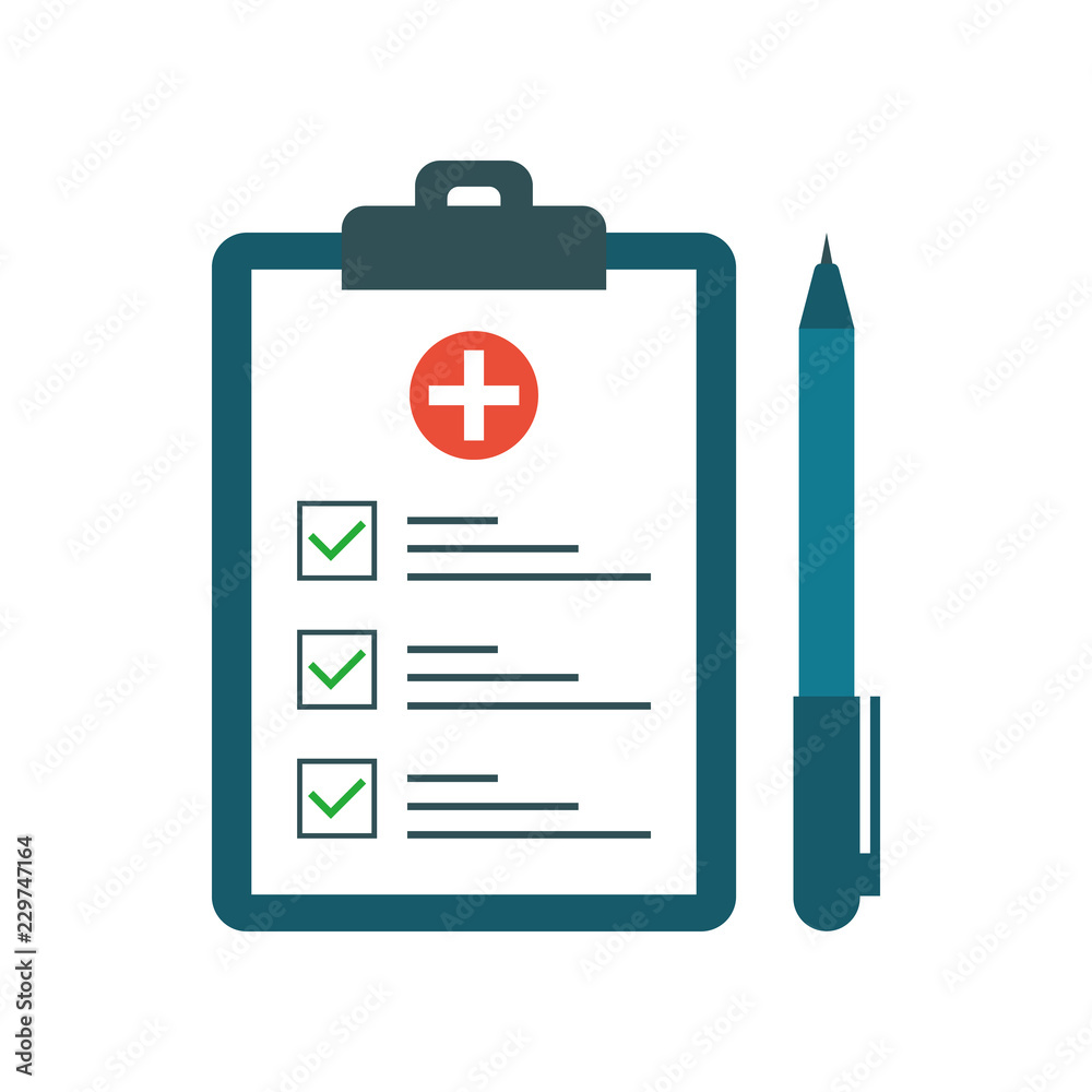 Medical test with pen in flat style. Questionnaire on a clipboard paper. Medical form list with test results, insurance or medicine service concept, prescription record. Vector illustration Medical test with pen in flat style. Questionnaire on a clipboard paper. Medical form list with test results, insurance or medicine service concept, prescription record. Vector illustration