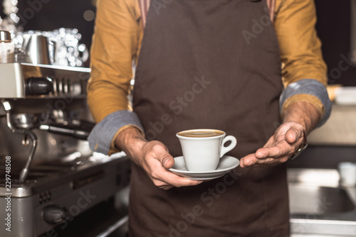 cropped shot of barista in apron holding cup of fresh made coffee