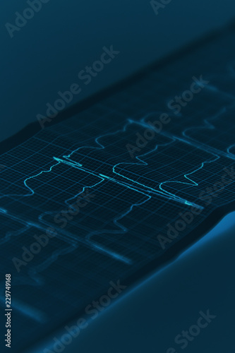 Medical research. Electrocardiogram. Vertical fragment. Blue tone image, futuristic style.