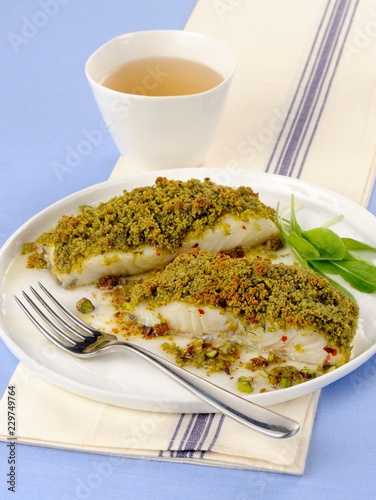 Baccalao al pistacchio (stock fish with a pistachio nut crust, Italy) photo