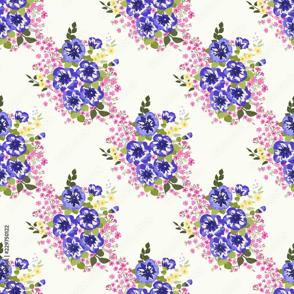 Seamless delicate pattern of bouquets. Summer flowers. Floral seamless background for textile or book covers, manufacturing, wallpapers, print, gift wrap and scrapbooking.