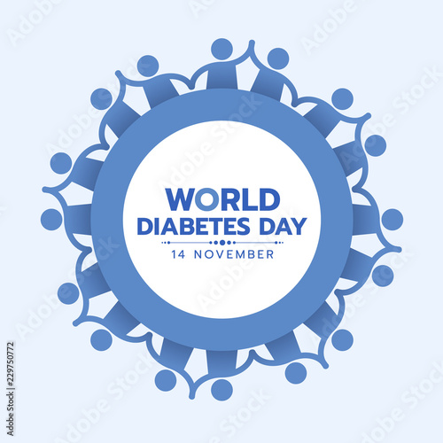 World Diabetes Day Awareness banner with blue people hold hand around circle frame vector design
