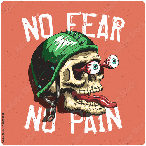 T-shirt or poster design with illustration of biker's skull. Design with text composition.