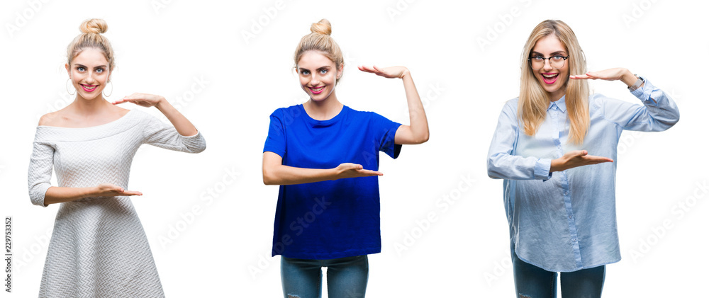 Obraz premium Collage of young beautiful blonde woman over isolated background gesturing with hands showing big and large size sign, measure symbol. Smiling looking at the camera. Measuring concept.