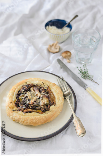 Small mushroom tart with thyme and parmesan on plate photo