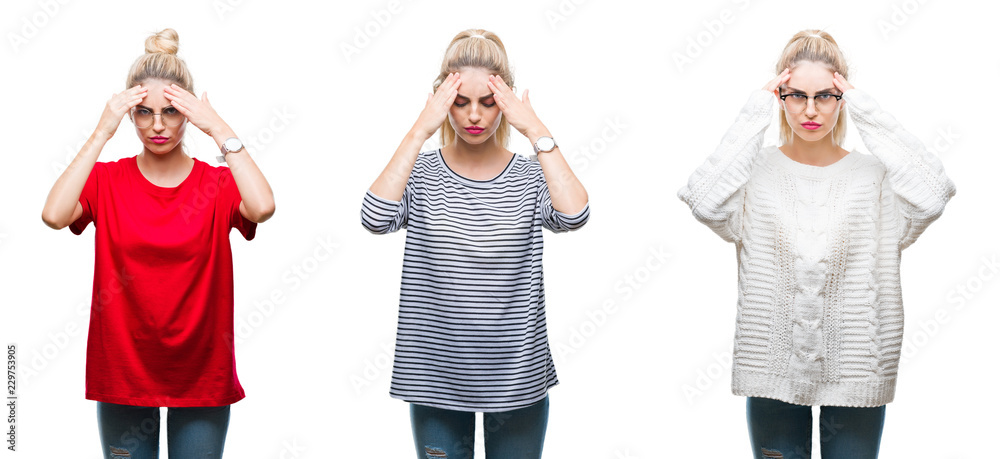 Collage of young beautiful blonde woman over isolated background with hand on head for pain in head because stress. Suffering migraine.