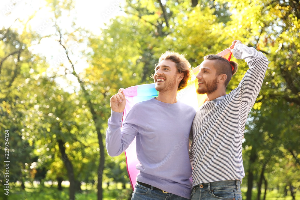 Happy gay couple with rainbow LGBT flag in park