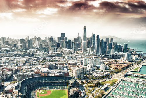 Photography Amazing aerial view of San Francisco stadium, port and skyline