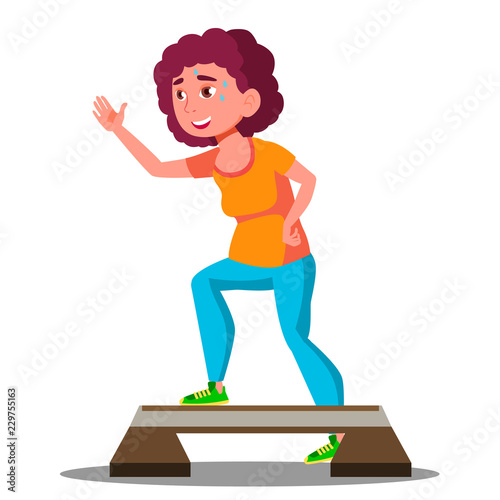 Young Fitness Woman Doing Exercises On Stepper Vector. Isolated Illustration