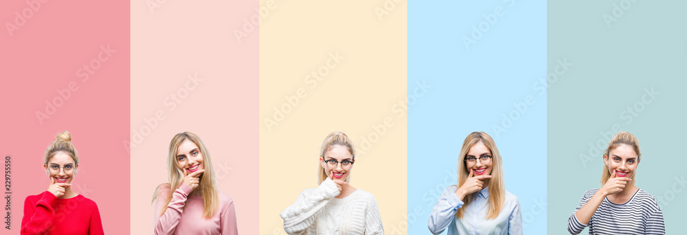 Fototapeta premium Collage of young beautiful blonde woman over vivid colorful vintage isolated background looking confident at the camera with smile with crossed arms and hand raised on chin. Thinking positive.