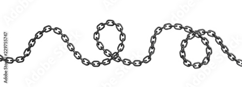 3d rendering of a single curved metal chain lying on a white background.