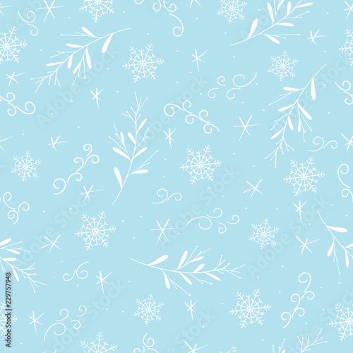 Beautiful Christmas seamless pattern. Hand drawn celebration background with snowflakes and omela plant on blue background. Vector for design, postcard, print, poster, christmas party, paper, textile. photo