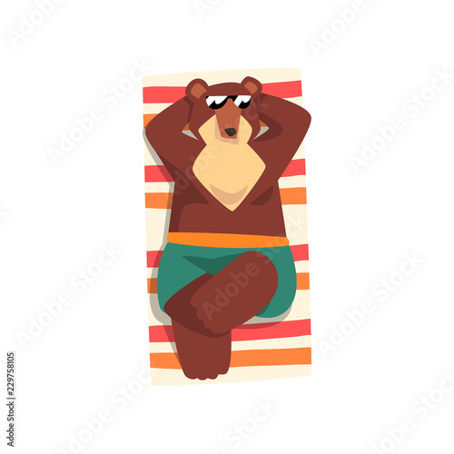Bear in sunglasses sunbathing on the beach, cute animal cartoon character relaxing on the seashore at summer vacation vector Illustration on a white background