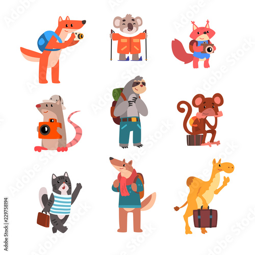 Cute animals traveling set, wild animals cartoon characters with backpacks and suitcases vector Illustration on a white background