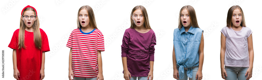 Collage of young beautiful little girl kid over isolated background afraid and shocked with surprise expression, fear and excited face. Collage of young beautiful little girl kid over isolated background afraid and shocked with surprise expression, fear and excited face.