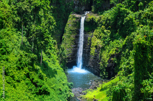Stunning view of wild jungle waterfall with pristine water  Sopoaga Tropical Waterfall Samoa close up  Upolu Island  Western Samoa  Oceania