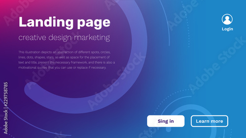 Abstract geometric background with circle shape, header, text and button. Vector creative illustration of business minimal landing page.