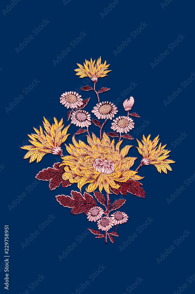 Blue background with bouquet for embroidery with yellow and pink asters on burgundy leaves
Blue background with bouquet for embroidery with yellow and pink asters on burgundy leaves