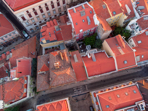 Lisbon Portugal Aerial Panorama view of city centre Red roofs Sunny day Summer 4K