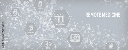 Telemedicine abstract idea with icons illustrating remote health and software
