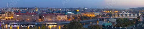 Prague - The panorama of the city with the bridges at dusk.