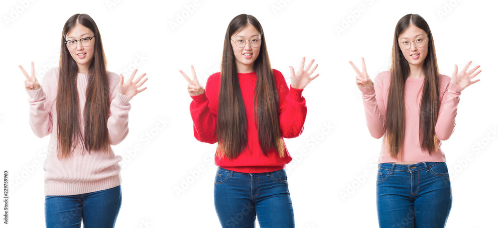 Collage of young beautiful Chinese woman over isolated background showing and pointing up with fingers number seven while smiling confident and happy.