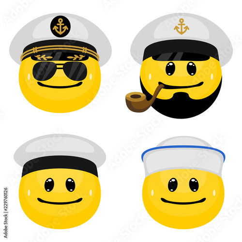 Vector emoticon set of marine officers and sailors. Face icons of seamen in cartoon style on white background.