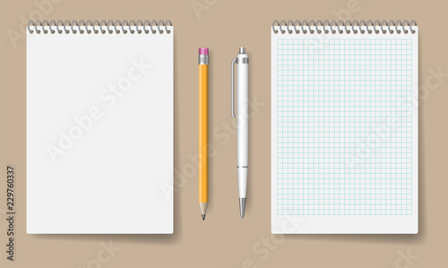 Blank spiral notebook mockup for corporate identity and branding. Realistic notepad with pen and pencil isolated vector illustration