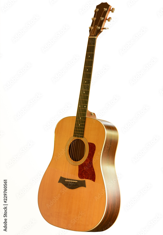yellow guitar on white background