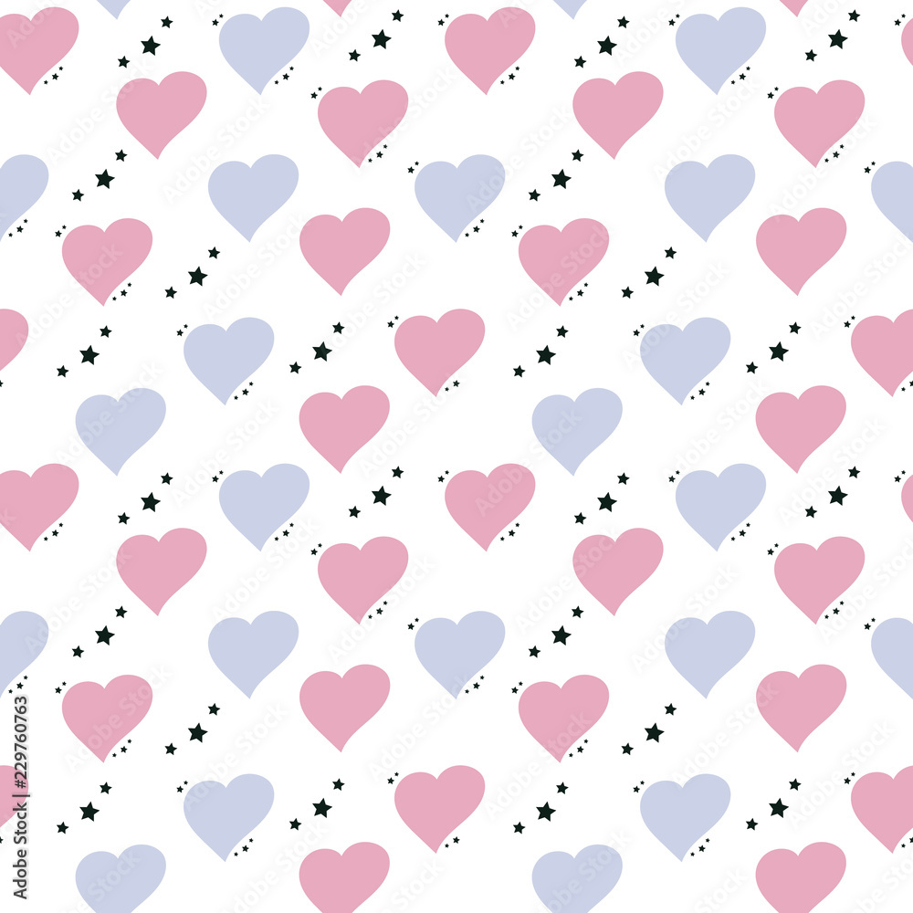 Cute seamless pattern with hearts and asterisks in pastel colors, vector. Good for print on fabric, wallpaper, wrapping paper, children's room decor and more.
