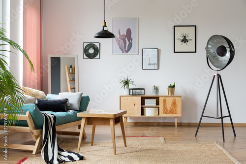 Eclectic apartment with industrial lamp  sofa with pillows  wooden table and posters on the wall  real photo