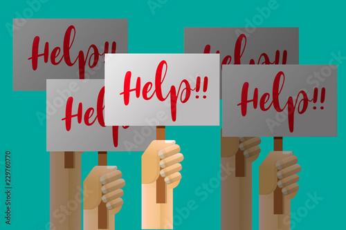 Hand holding help sign board vector flat design.