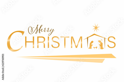 Christmas time. Nativity scene with Mary, Joseph and baby Jesus in origami style. Text : Merry Christmas