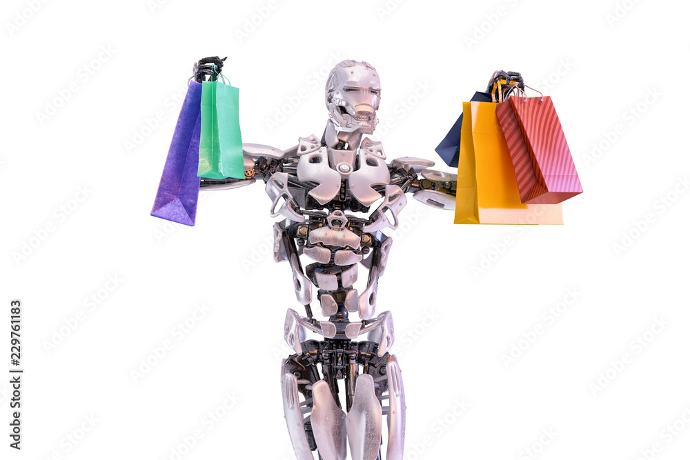 A happy humanoid robot android holding colorful shopping bags. Consumerism  and shopping concept. 3D illustration Stock Illustration | Adobe Stock