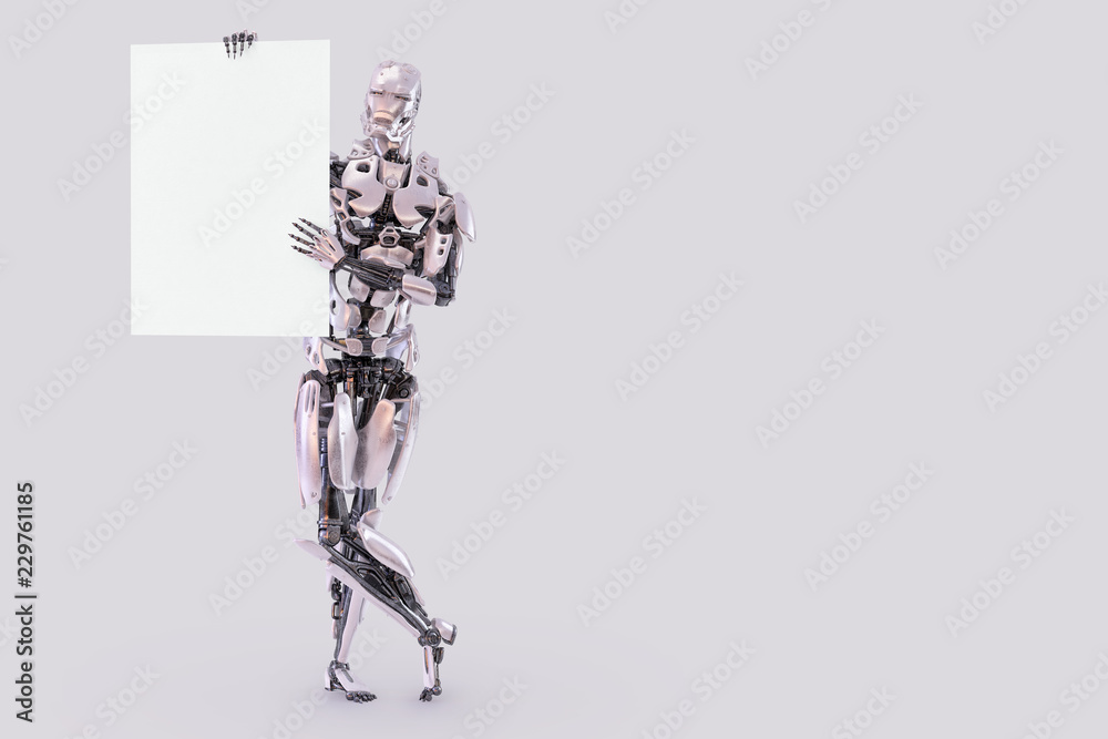 Robot android cyborg male standing and holding blank paper mockup sheet. Advertising concept. Design element. 3D illustration Robot android cyborg male standing and holding blank paper mockup sheet. Advertising concept. Design element. 3D illustration