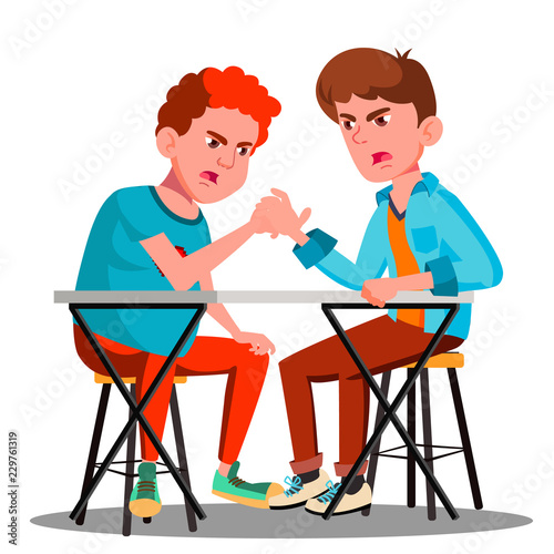 Two Young Strong Men Compete In Arm Wrestling Vector. Isolated Illustration